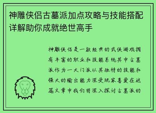 神雕侠侣古墓派加点攻略与技能搭配详解助你成就绝世高手