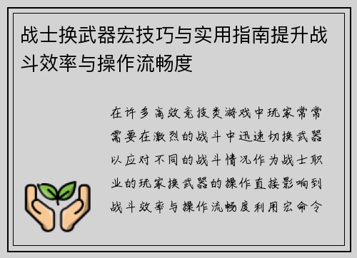 战士换武器宏技巧与实用指南提升战斗效率与操作流畅度